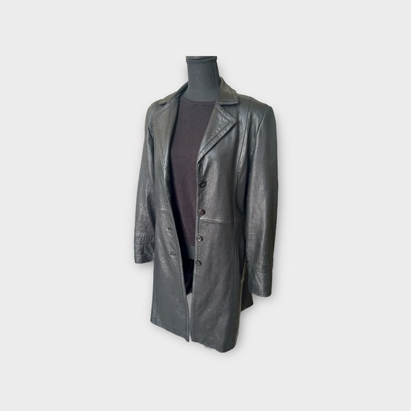 Vintage Jones New York Black Leather Trench Coat - Size Large - Picture 4 of 7